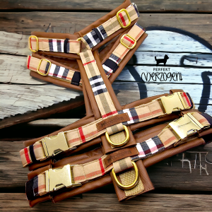 Geschirr "London", gepolstert mit Kunstleder und verstellbar, Tartanstoff auf Gurtband