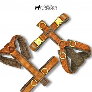 Hunde-Y-Geschirr, gepolstert und verstellbar, Cognac / Harris Tweed