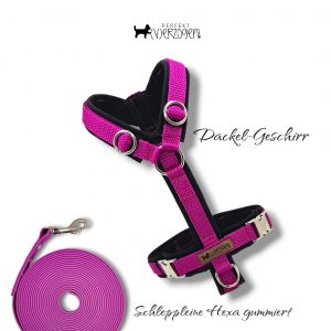 Dackel Y-Geschirr Magenta/Schwarz, gepolstert und verstellbar, mit passender Schleppleine in Flieder